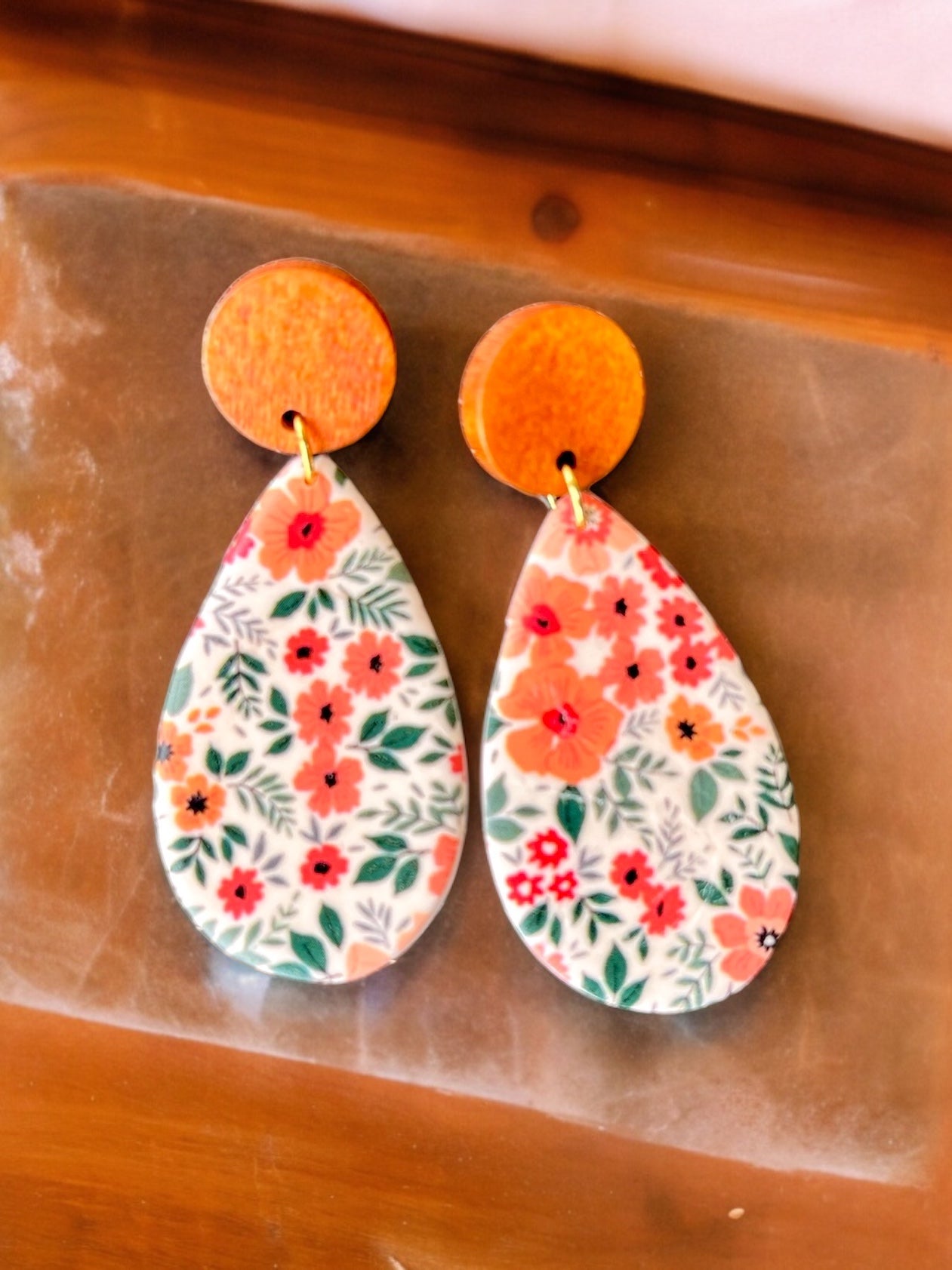 “Flora Vida”Wooden Topper Clay Teardrop Earrings